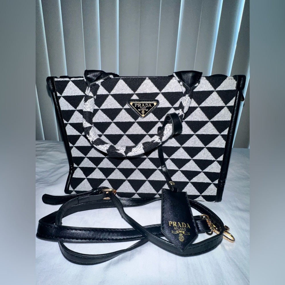 Prada Symbole Embroidered Fabric Handbag